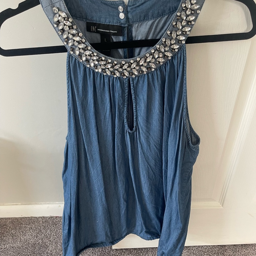 INC International Concepts Blue Embellished Sleeveless Blouse